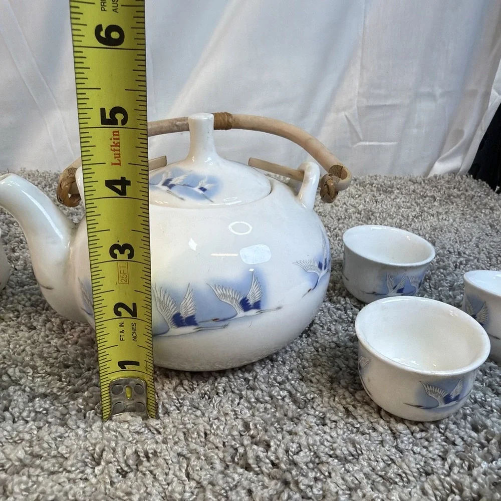Vtg Haeng Nam Korean Bone China Crane Tea Set 6 Cups & Pot s Blue NEW
